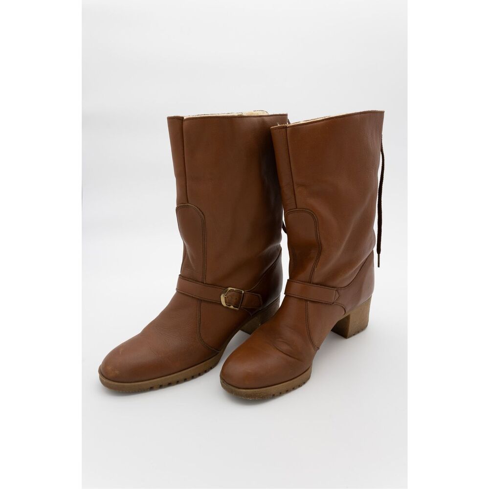 Vintage Brown Leather Shearling Lined Buckle Mid-Calf Boots – Women’s‎ - Picture 4 of 11